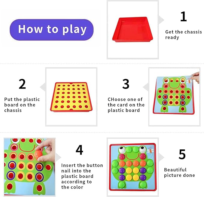 58 Pcs Button Art Toys for Toddlers,Color Matching Mosaic Pegboard for Toddlers,Early Learning Educational Toys Toddler Activities,Include 12 Pictures and 46 Buttons with Box