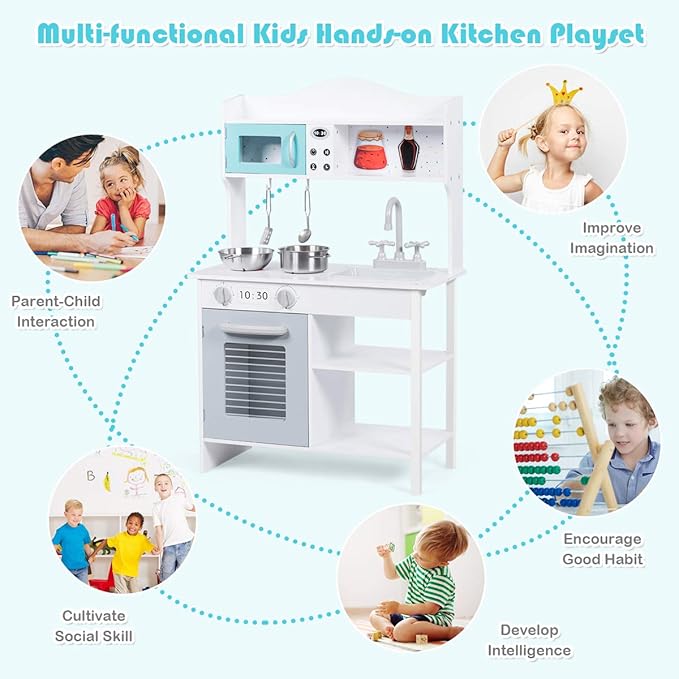 HONEY JOY Kids Kitchen Playset, Toddlers Wooden Play Kitchen Set w/Microwave, Sink, Stove & Oven, Cookware Utensils, Large Storage Shelf, Little Chef Pretend Play Toy Kitchen Set for Boy Girl Age 3+