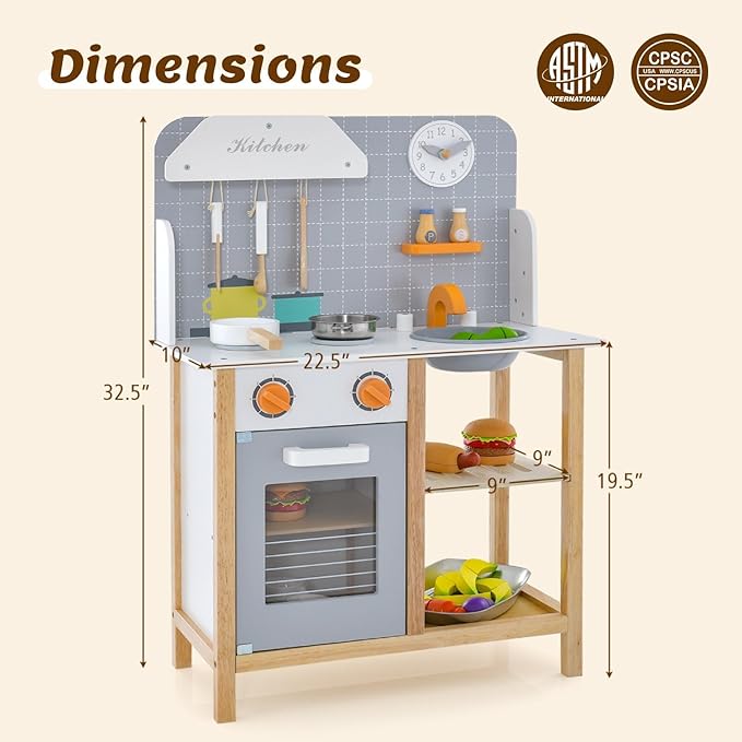 Kids Kitchen Playset, Wooden Play Kitchen with Sink, Stove, Oven, Dish Rack, Storage Cabinet, Cooking Accessories, Little Chef Pretend Play Toy Kitchen Set Gift for Toddler, Boys, Girls