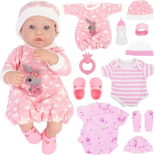 14 Inch Baby Doll with Clothes and Accessories Set, 12 Pcs Baby Doll Reborn Clothes and Accessories Include Alive Doll Clothes,Hat,Soft Doll Shoes and Socks,Ringing Toy,Bracelet,Feeding Bottle