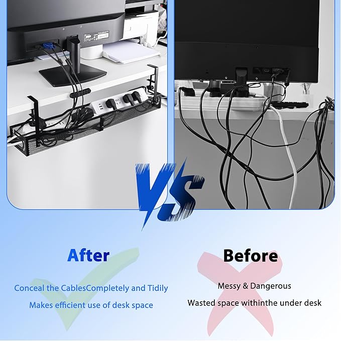 Under Desk Cable Management Box 25.3 Inch – Clamp-Mounted Cable Organizer Tray, Large Cord Management Box for Office & Home, Wire Organizer Under Desk Storage, Black