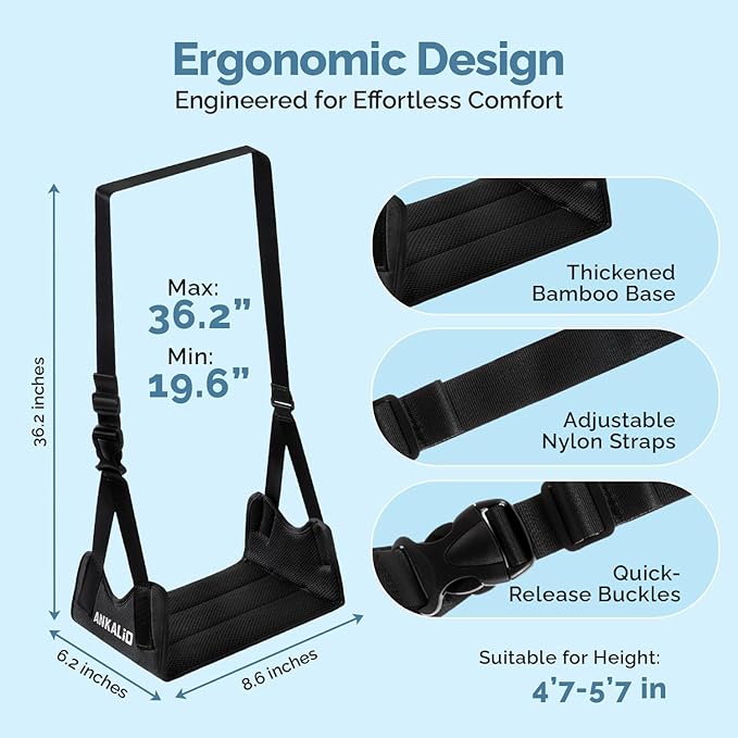 2 Pcs Airplane Foot Hammock–Adjustable Foot Hammock for Plane Travel with Thick Bamboo Base, Lightweight Travel Footrest for Office, Flights(Black)