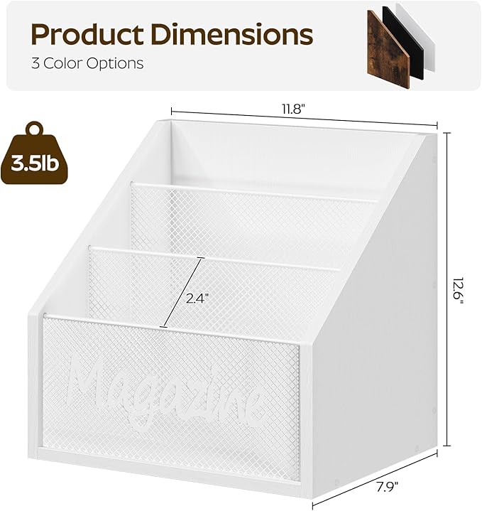 YATINEY Magazine Holder, Wood Magazine Rack Floor, Mail Organizer Countertop, Magazine Mail Holder Sorter, Record Holder for Magazines, Books, Newspapers, Tablets, White MR02WW
