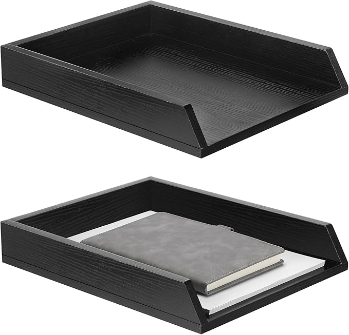 DoubleFill 2 Pcs Wooden Letter Trays Wood Letter-Size Desk Organizer Heavy Duty 2 Tier Stackable Supports Paper Tray Desktop Drawer Organizer File Folder Magazine Office Accessories (Black)