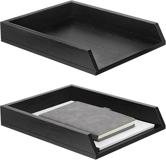 DoubleFill 2 Pcs Wooden Letter Trays Wood Letter-Size Desk Organizer Heavy Duty 2 Tier Stackable Supports Paper Tray Desktop Drawer Organizer File Folder Magazine Office Accessories (Black)