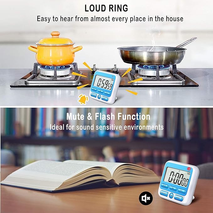 KTKUDY Digital Kitchen Timer with Mute/Loud Alarm Switch ON/Off Switch, 24 Hour Clock & Alarm, Memory Function Count Up & Count Down for Kids Teachers Cooking, Large LCD Display, Strong Magnet (Blue)