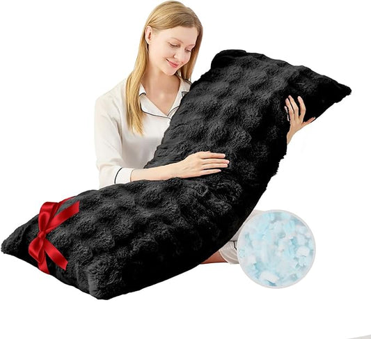 YZ HOME Faux Fur Fluffy Body Pillow for Adults - Firm Body Pillow Insert with Shredded Blue Memory Foam, Adjustable Height, Soft Support for Side Sleeping, Pregnant Women, Washable, 20x54 Inch (Black)