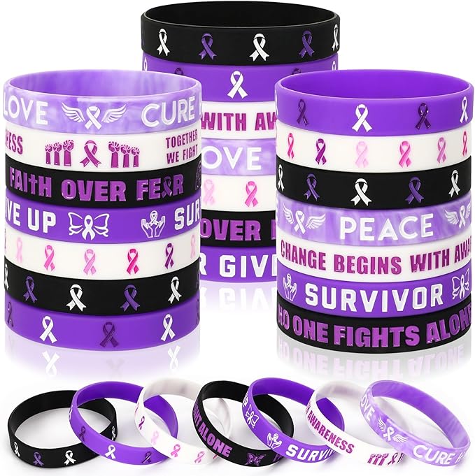 JUNEBRUSHS 42pcs Purple Ribbon Awareness Accessories Silicone Bracelets Hope Faith Courage Wristbands for Lupus Domestic Violence Epilepsy Pancreatic Cancer Alzheimers Awareness Party Supplies