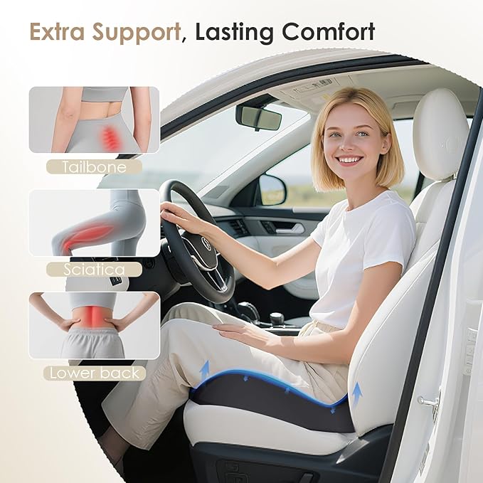 FLORICH Car Seat Cushion for Driving, Memory Foam Seat Cushion for Car Office Chair, Ergonomic Office Seat Chair Cushion, Larger Car Seat Cushion for Car Trunk, Wheelchair - Black