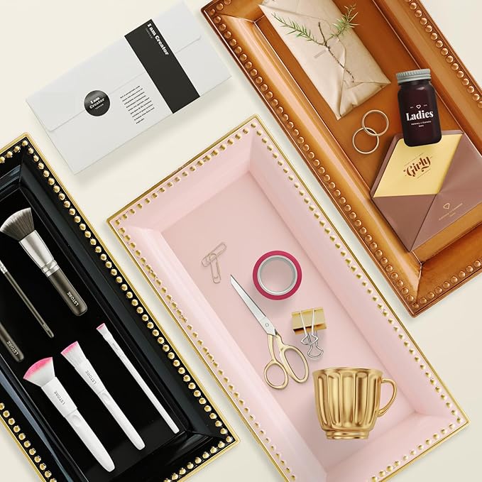 Leemxiiny Pink Vanity Tray with Handles, Decorative Tray Desktop Storage Organizer for Bathroom, Living Room, 5.9"*13.7"