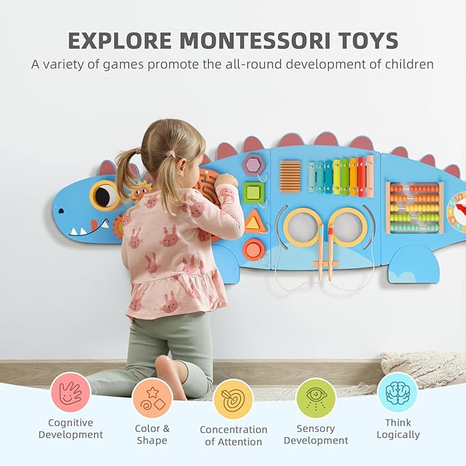 Dinosaur Sensory Wall Panel for Kids,10-in-1 Wall Toys for Toddlers, Montessori Busy Board,Toddler Playroom Bedroom Decor