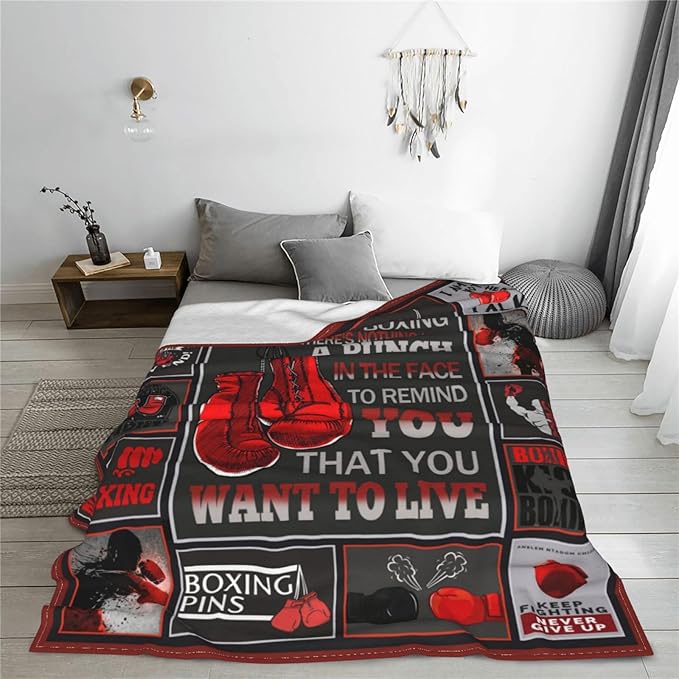 Boxing Throw Blanket Sports Theme Boxing Blanket Gifts for Boys Adult Men Boxing Gloves Pattern Bed Blanket Sports Games Room Decor Fighting Competition Pugilism Flannel Blanket for Couch 60"X80"