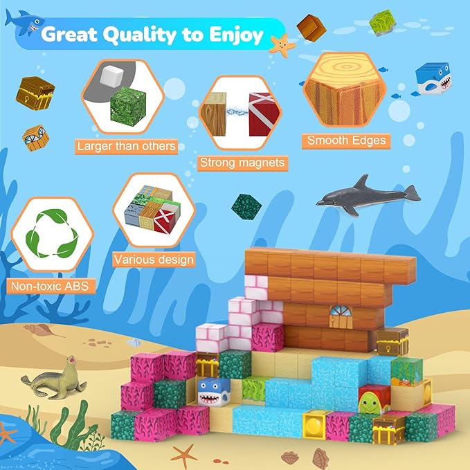 Magnetic Blocks 110PCS with 6 Animal Toys, Ocean Building Blocks Set, Toys for Boys & Girls Age 6-8, STEM Montessori Stacking Building Toys for Toddlers Sensory Toy for Kids 6+