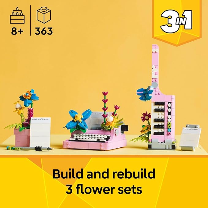 LEGO Creator 3 in 1 Typewriter with Flowers - Building Toy with 3 Building Options, Typewriter, Flowerpot with Pen & Notebook, or Keytar - Gift Idea for Birthdays - 31169