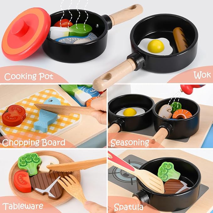 Atoylink Wooden Kids Kitchen Playset 44 Pcs Play Kitchen Accessories with Cookware, Pot, Vegetable, Fish, Play Food Set, Toddler Kitchen Toys Pretend Play Toy Gift for Kids Boys Girls Aged 3+