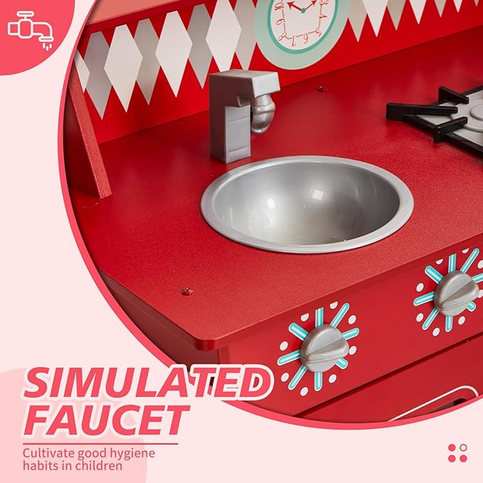 Classic Kitchen Playset, Wooden Play Kitchen for Toddler, with Toy Storage Space, Sink, Faucet and Burners, Microwave Oven, Gifts for Ages 3-8