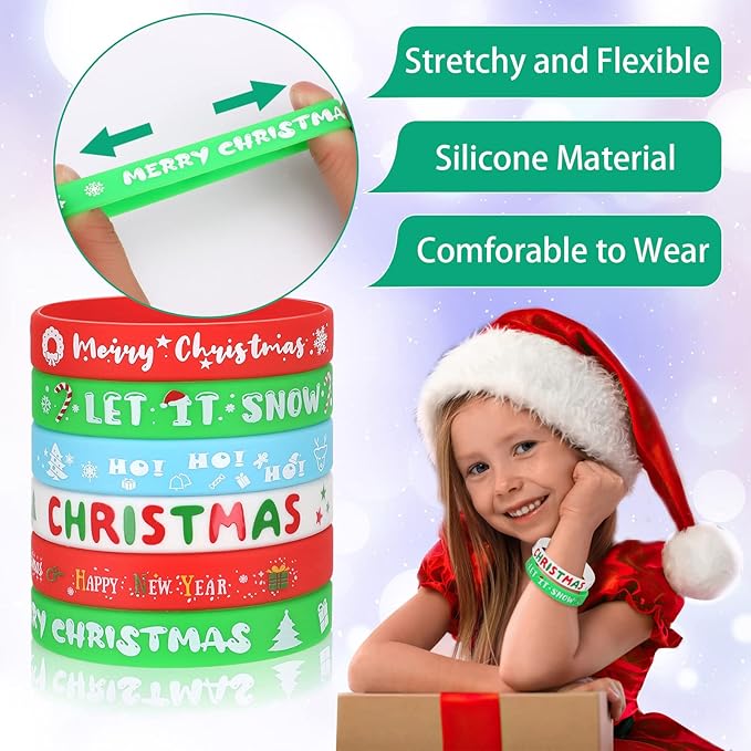 JUNEBRUSHS 42Pcs Christmas Silicone Bracelets, Rubber Wristbands Christmas Party Favors for Kids Decorations for Xmas Stocking Stuffers Wrist Band Accessories Gifts Supplies