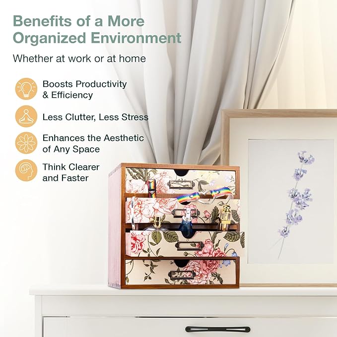 4-Drawer Vintage Desk Organizer with Jacobean Pattern Pastel Flowers Curio Drawer Dresser, Closet, Tabletop - Embroidery Reel Shelf Wood Desktop Organizing Cabinet - Victorian Floral Design