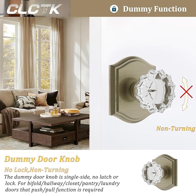 CLCTK Dummy Glass Crystal Door Knobs, Vintage Antique Bronze/Brass Single Side Dummy Door Handles for Bifold Hall Closet, 4 Pack