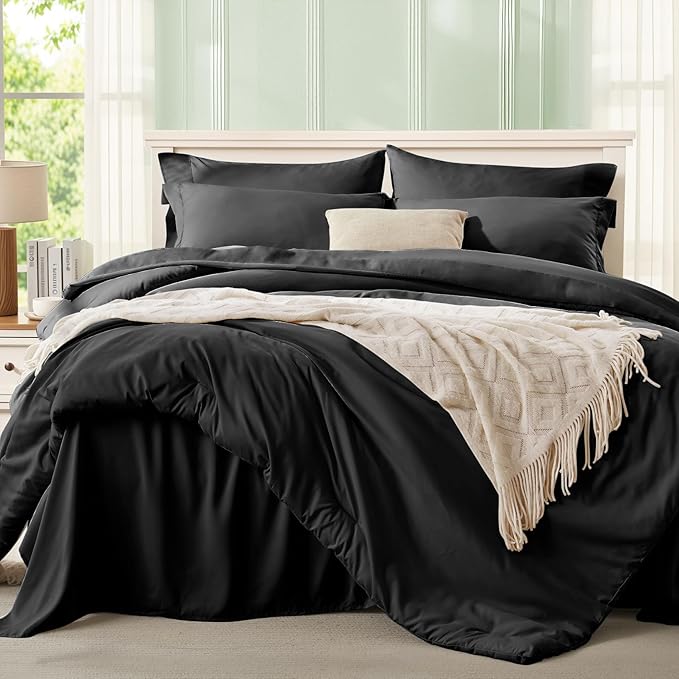 Anluoer Full Size Comforter Sets - 7 Pieces Bed in a Bag Full, Black Lightweight Bedding Sets with 1 Comforter, 2 Pillow Shams, 2 Pillowcases, 1 Flat Sheet, 1 Fitted Sheet