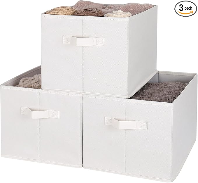 WUIKE 3 Pack Extra Large Fabric Storage Bins, Beige Foldable Closet Organizer Boxes for Clothes, Sheets and Blankets