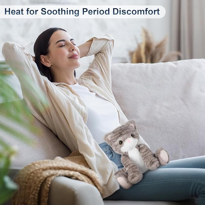 Heatable & Coolable Grey Cat Stuffed Animal, Cat Heating Pad Microwavable for Soothing & Relaxation, Lavender Scented Cat Plush Toy for Stress Relief, Stuffed Cat Toys for Kids