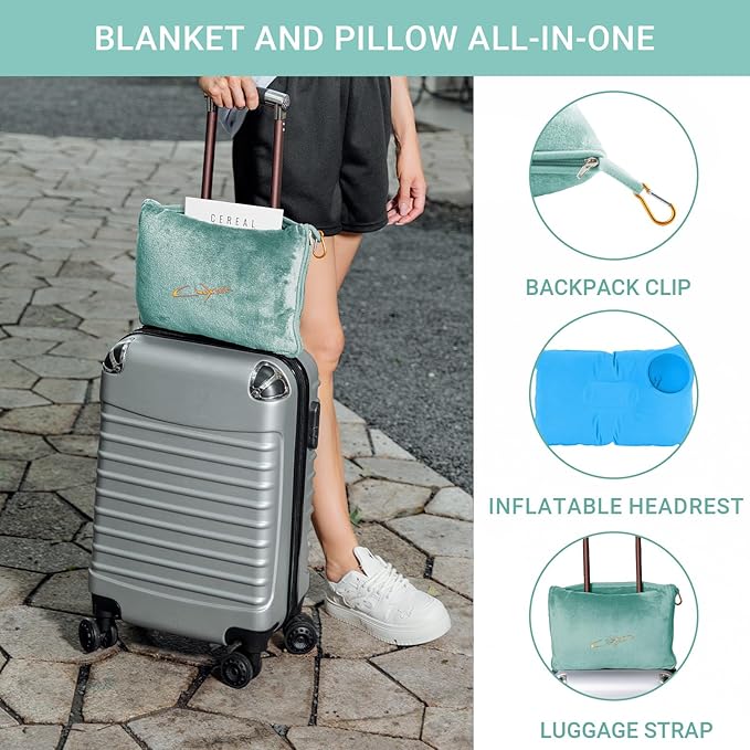 CLEXION Travel Blanket & Pillow Set, 300 GSM Soft Fleece, 60x43 Inches, 3-in-1 Airplane Blanket, Travel Pillow and Blanket Set, Travel Blanket Airplane Compact with Bag, Travel Essentials,Mint Green