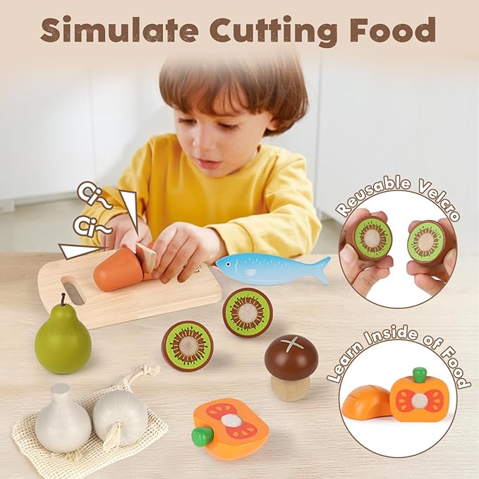 Lehoo Castle Wooden Play Food Sets for Kids Kitchen, Food Toys for Toddlers 3+ Year Old, with Shopping Bag, Pretend Food Play Kitchen Cutting Fruits Vegetables Toys, Gift for Boys Girls