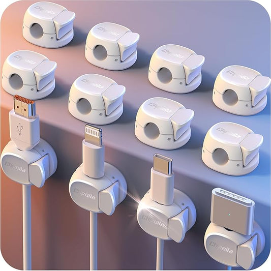 12Pack Cord Organizer [Dual Spring & Clasp] [Max Stability] Cable Clips, Chfeila Cord Holder, Desk Cable Management, Adhesive Wire Organizer for Home Office Desktop Nightstand Car Table Wall - White