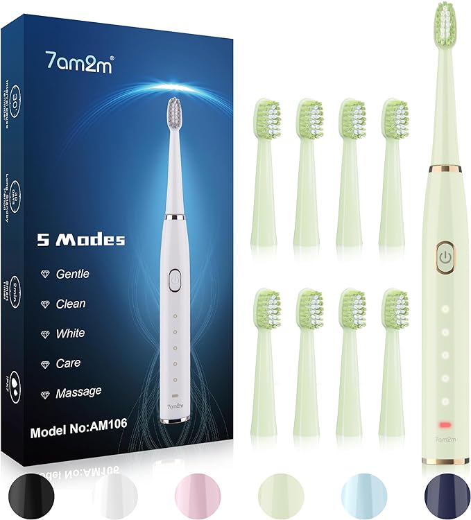 7AM2M Sonic Electric Toothbrush for Adults and Kids- High Power Rechargeable Toothbrushes with 8 Brush Heads,5 Adjustable Modes, Built-in 2-Minute Smart Timer,4 Hours Fast Charge for 30 DaysGreen