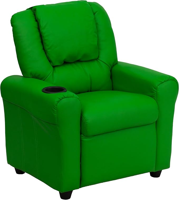 Flash Furniture Vana Vinyl Kids Recliner with Cup Holder, Headrest, and Safety Recline, Contemporary Reclining Chair for Kids, Supports up to 90 lbs., Green