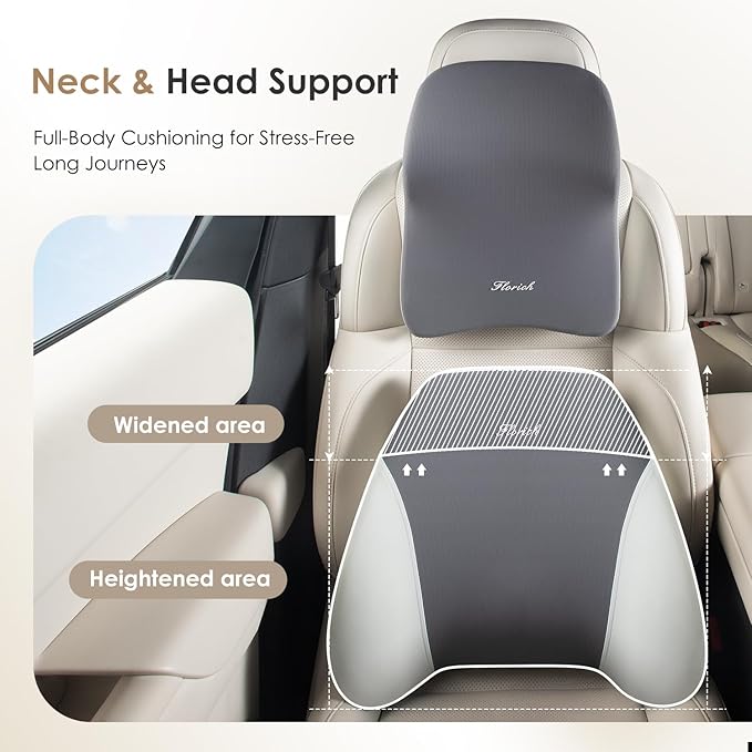 FLORICH Car Seat Cushion & Lumbar Support Pillow & Car Neck Pillow Ergonomic and 100% Memory Foam, Upgraded Larger and Breathable Car Seat Cushion & Back Support Pillow - Gray