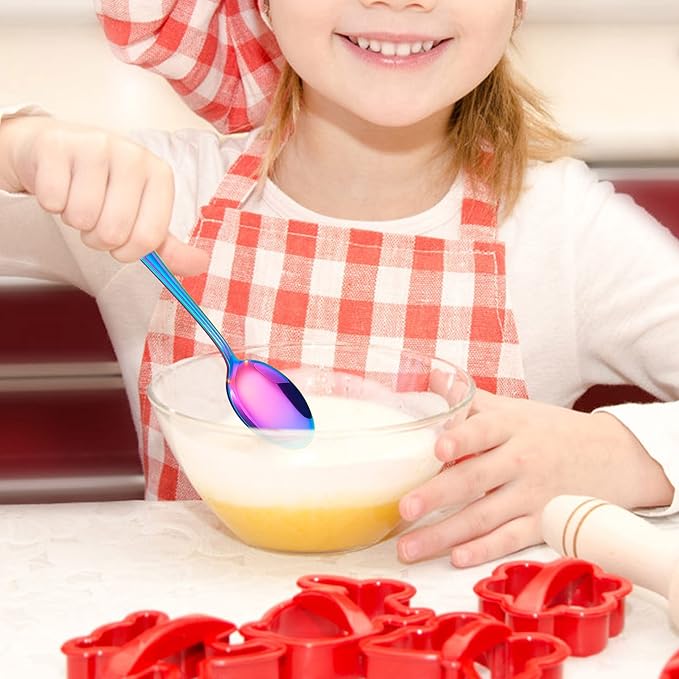 LIANYU 9-Piece Rainbow Toddler Spoons, Kids Baby Spoons Self Feeding, Stainless Steel Children Silverware Set for 2-10 Year Old, Preschooler Cutlery Flatware Set for Home School, Dishwasher Safe