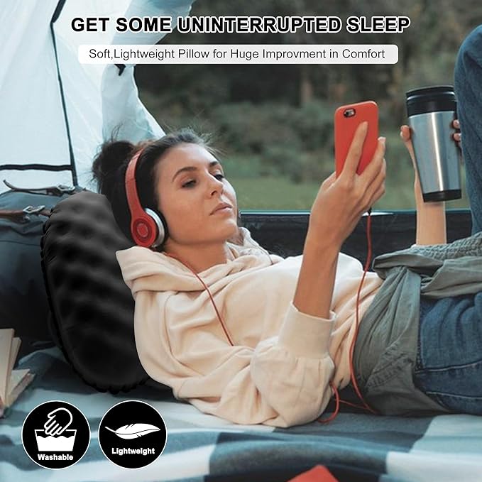 BreezCamp Camping Pillow with Soft Cover, Lightweight Inflatable Pillow for Neck Lumbar Support,Upgrade Backpacking Pillow,Washable Travel Air Pillows for Hiking, Backpacking, Airplane, Beach, Black