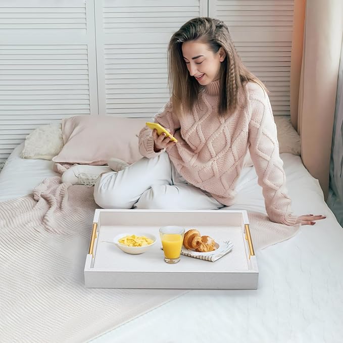 SYYSY White Decorative Tray for Coffee Table, Modern Large Ottoman Tray for Living Room,Drink Coffee Serving Tray