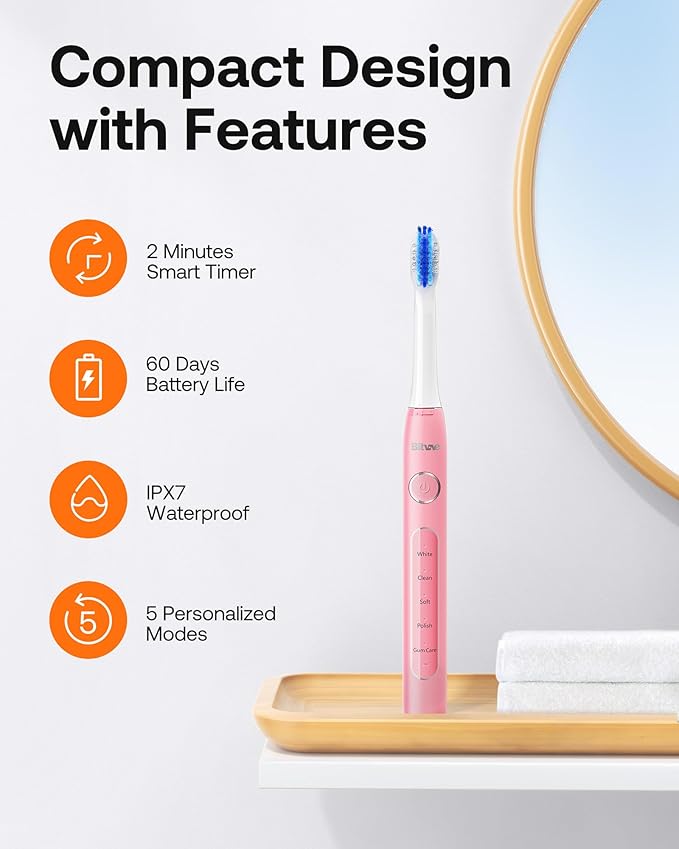 Bitvae Ultrasonic Electric Toothbrush - Rechargeable Sonic Electric Toothbrush for Adults and Kids, Power Toothbrush with Holder, 8 Brush Heads, Smart Timer, Fast Charge, Pink D2