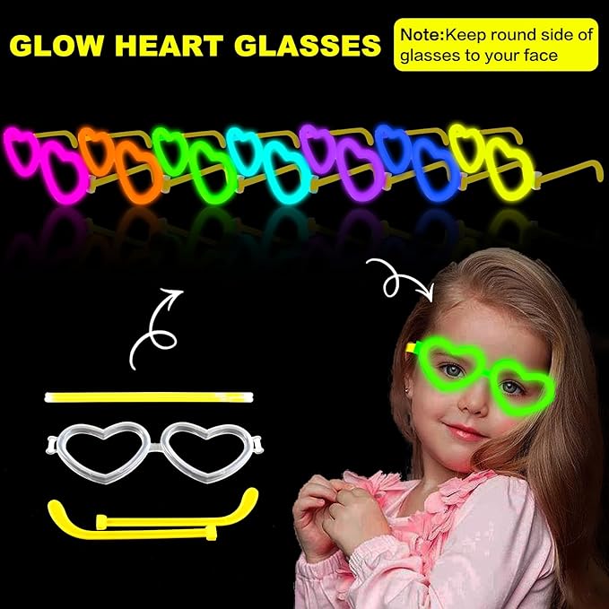 12 Pack Glow Heart Glasses Valentines Day Toys Gifts with 40 Glow Sticks & Connectors (for 12 Glow Glasses & 16 Bracelets), Neon Light Up Party Favor Supplies for Birthday Camping Dance (kids&Adults)