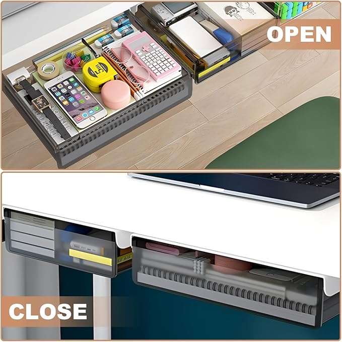 Under Desk Table Drawer Storage Organizer,2 Pack Large & Medium Slide Out Desk Drawers - Hidden Desktop Organizer,Attachable Pencil Storage Tray Under Table(ML)
