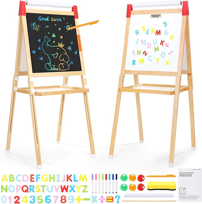 GAOMON Art Easel for Kids, Wooden Dry Erase Easel w/Large LCD Board & Magnetic Whiteboard, Paper Roll, Adjustable Height & Accessories, Double-Sided Drawing Standing Easel for Boy Girl Aged 3+