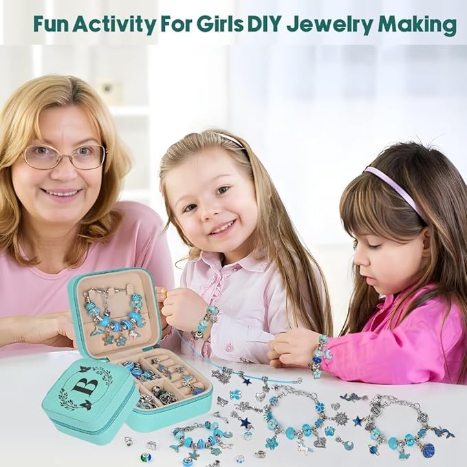 Charm Bracelet Making Kit, Kid Jewelry Making Kit for Girls 8-12, Unicorn Craft Kits for Teen Girls Toys Ages 3-10 Years Old Girl Gifts Trendy Stuff Birthday Christmas Gift with Initial Jewelry Box- B