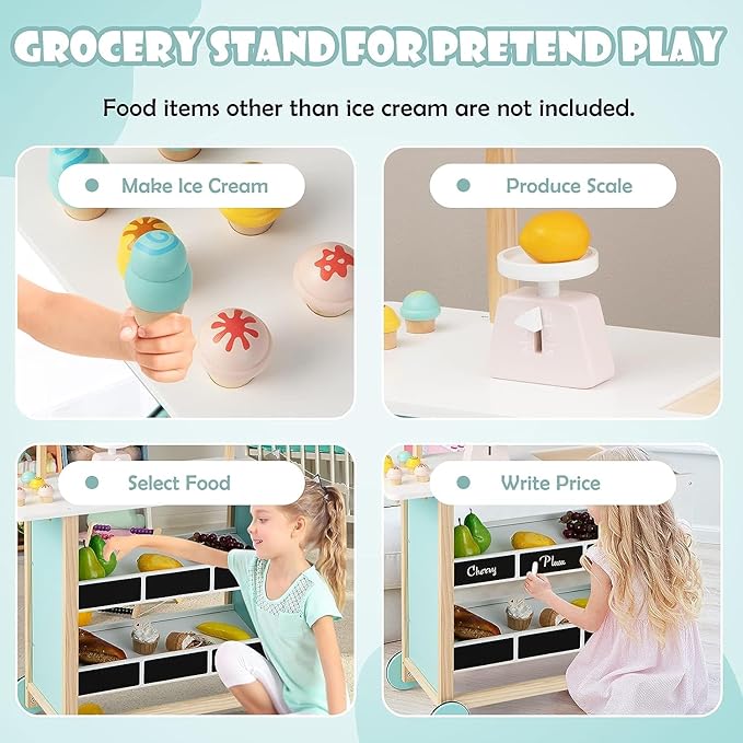 Fireflowery Kids Grocery Store Pretend Play, Wooden Ice Cream Cart w/ 6 Pieces Play Food, Bell, Scale, Toy Grocery Store Playset, Play Store for Kids, Toddlers, Boys, Girls Age 3+