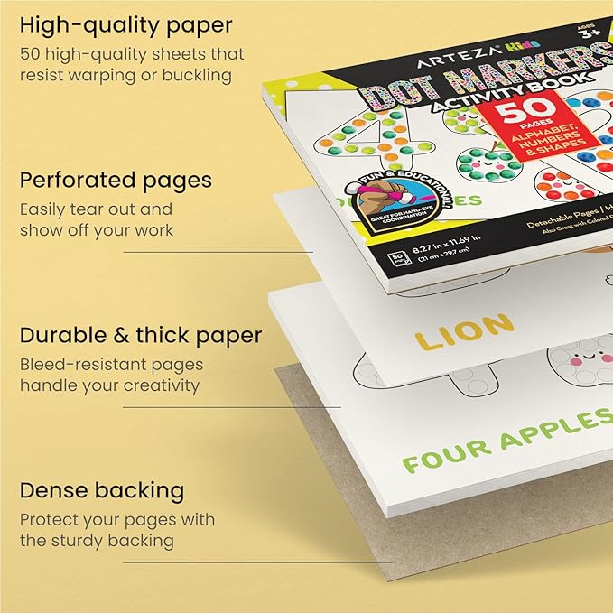 Arteza Kids Dot Markers and Activity Book, 6 Nontoxic Bingo Daubers, 50-Page Book