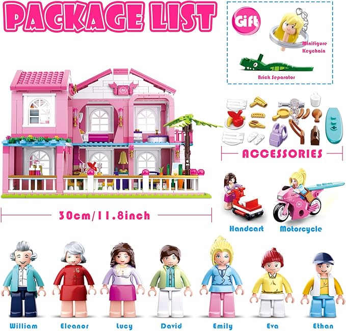 Sluban Friends Beach House Building Sets for Girls 6-12, Seaside Villa House Compatible with Lego Friends, Come with 7 Minifigures Dolls, Motorcycle and Kitchen Accessories, STEM Educational Toy