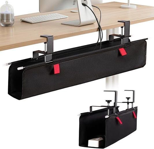 CrsaSwivo No Drill Under Desk Cable Management Tray - 28" Cord Management Under Desk - No Drill Needed - Easy Clamp - Premium Fabric Cable Management Tray for Office/Home