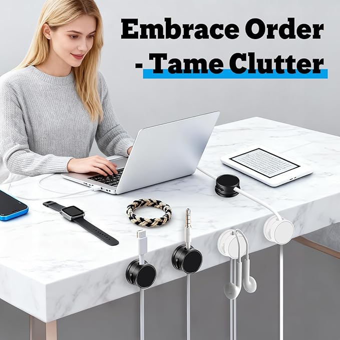 12 Pack Cord Organizer - Rotatable Magnetic Cable Clips Cord Holder, Adhesive Cable Organizer Phone Charger Wire Holders Cable Management Clips for Home Office Desk Nightstand (6 White + 6 Black)