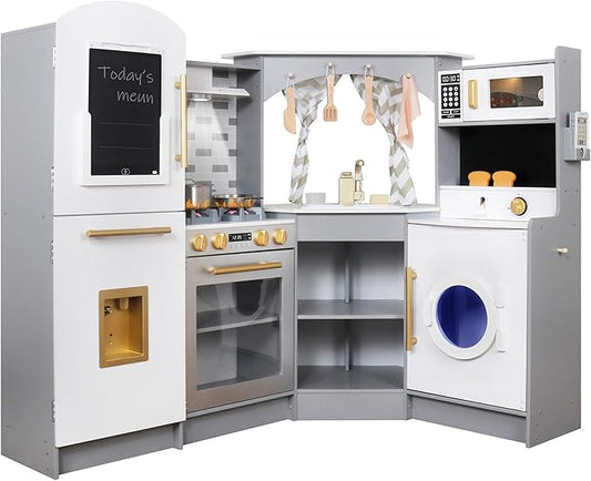 Large Wooden Corner Play Kitchen Sets with Ice Maker,Water Dispenser,Bread Maker,Washing Machine,Electronic Display,Toy Sink with Running Water,Stove with Light&Sounds, Birthday Gift for 3+Boys Girl