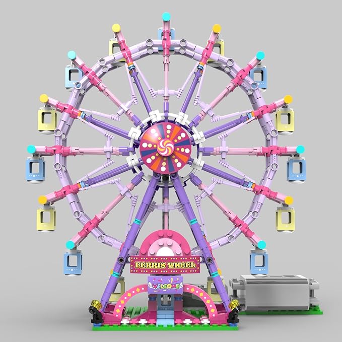 Rotating Ferris Wheel Building Blocks Kit,with Lights Amusement Park Building Construction Toys Set for 6+ Year Boys.Girls.Adult(870 Pieces) Pink