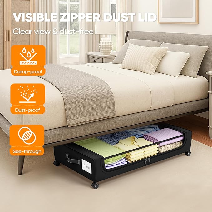 Camkey® Under Bed Storage with 360° Wheels, 2-Pack, 60L Low-Profile Rolling Underbed Bins for Clothes, Shoes, Toys & Books,Easy Pull-Out, Dust Protection, Space-Saving Organizer for Bedroom/Dorm,Black