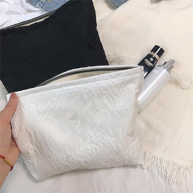 HAPPYHEIDI Large Floral Black Quilted Makeup Bag Cosmetic Toiletry Travel Pouch Purse Organizer, Canvas Lined, Embroiddered Flowers