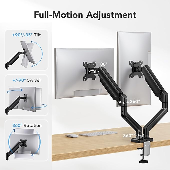 HUANUO Dual Monitor Mount for 2 Monitors up to 32 inches, Each Arm Holds Max 22lbs, Dual Monitor Stand with Advanced System, Height-Adjustable/Tilt/Swivel/Rotate, VESA Standard 75mm or 100mm